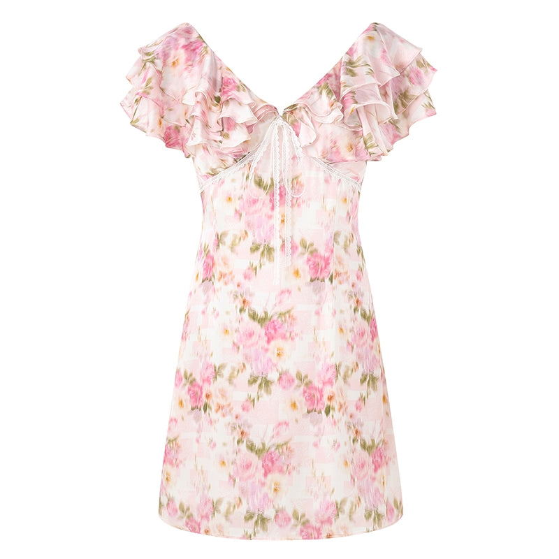 PINK PRINT V-NECK MINI DRESS