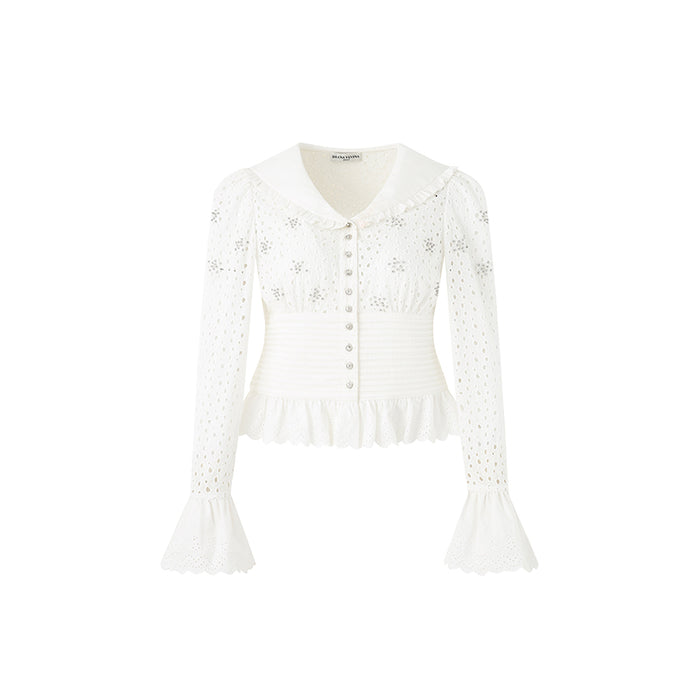 EMBROIDERED PEARL-EMBELLISHED NAVY COLLAR SHIRT