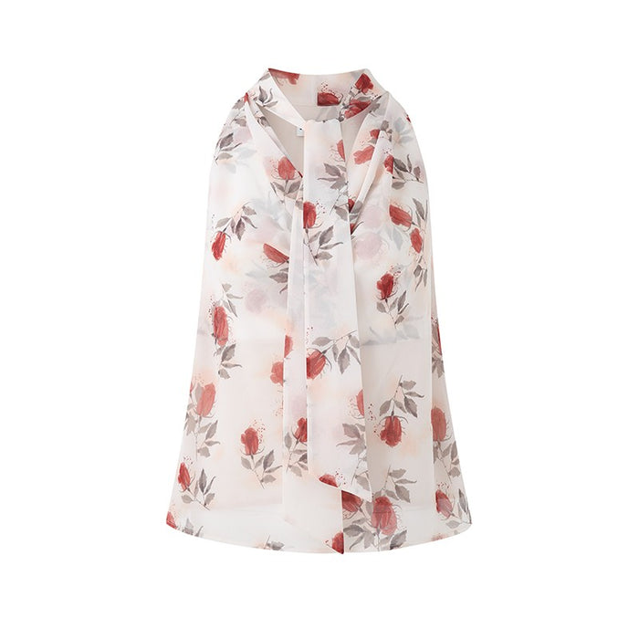 ROSE PRINT CHIFFON TIE BLOUSE