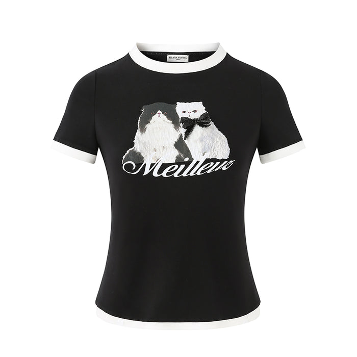CAT PRINT COLORBLOCK SHORT SLEEVE