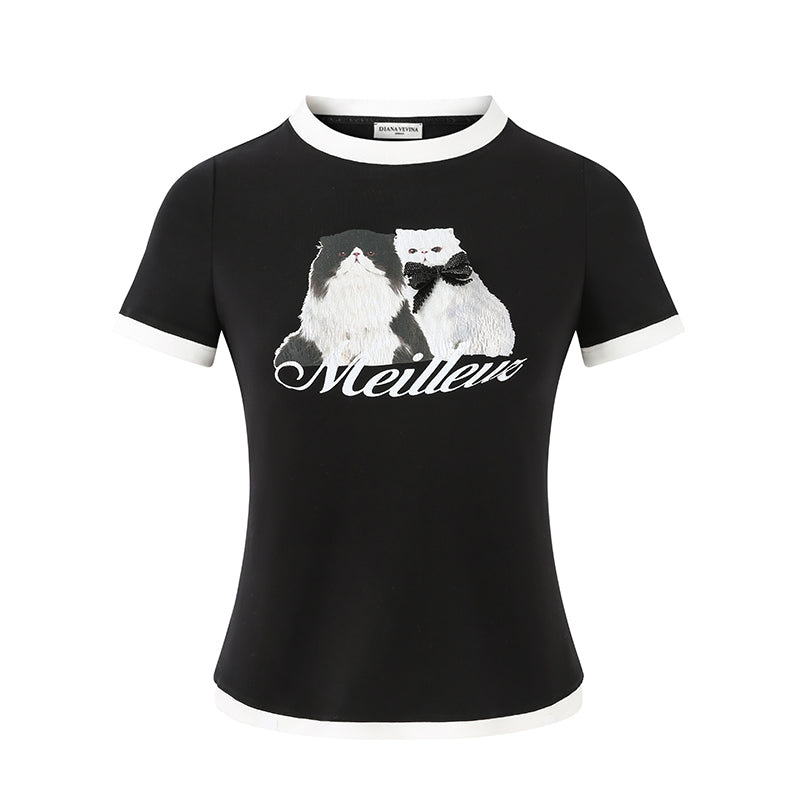 CAT PRINT COLORBLOCK SHORT SLEEVE