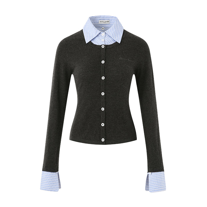 GRAY STRIPE PATCH KNIT SWEATER