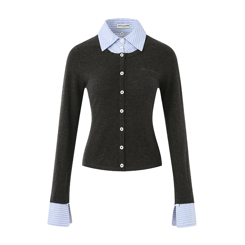 GRAY STRIPE PATCH KNIT SWEATER