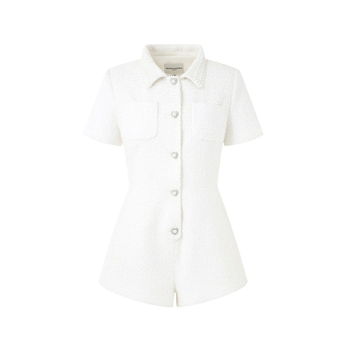 LACE COLLAR TWEED SHORT SLEEVE JUMPSUIT