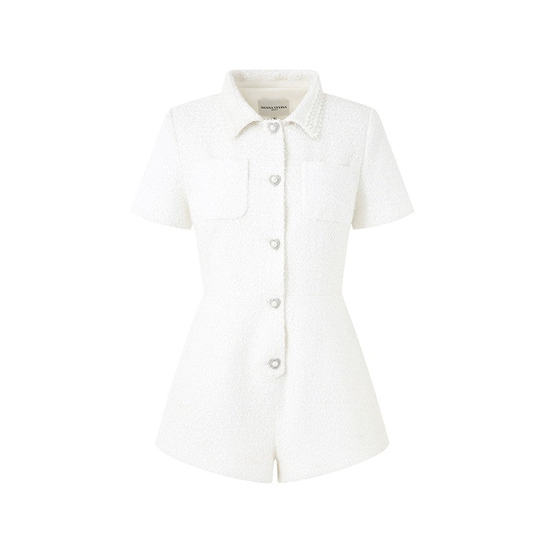 LACE COLLAR TWEED SHORT SLEEVE JUMPSUIT
